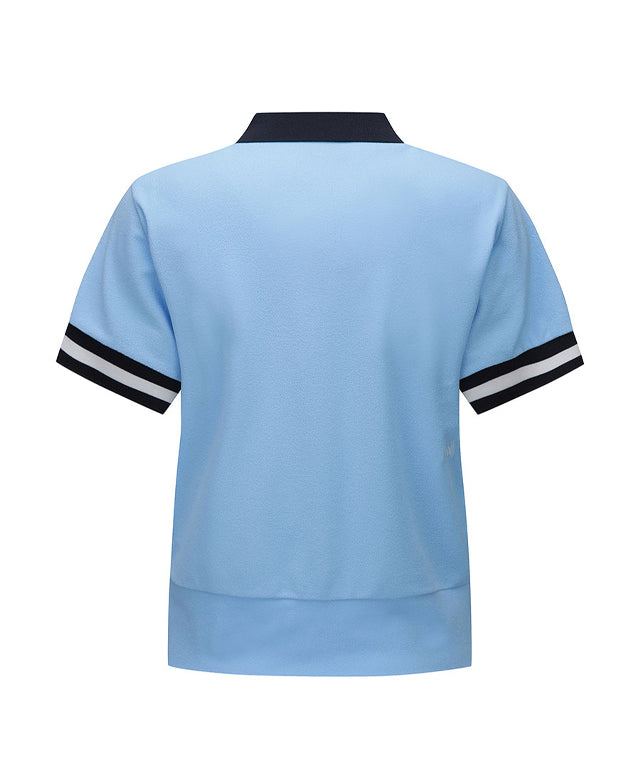Sky blue women's short t-shirt with terry material collar and color block details, perfect for golf.